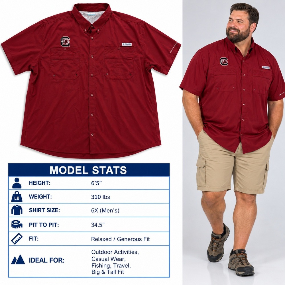 Columbia PFG South Carolina Gamecocks Tamiami II Shirt Red Mens 6X XS7417